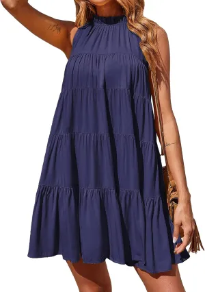 Okiwam Womens Summer Dresses 2025 Halter Sleeveless A Line Tiered Swing Sundress Casual Beach Vacation Mini Dress