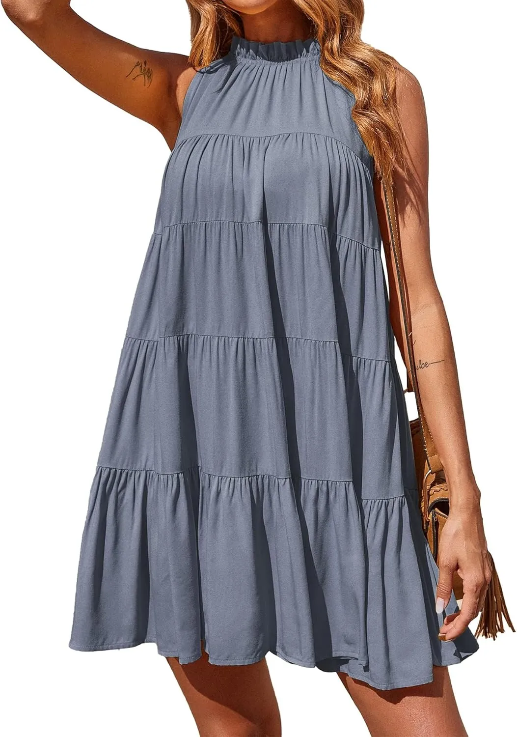 Okiwam Womens Summer Dresses 2025 Halter Sleeveless A Line Tiered Swing Sundress Casual Beach Vacation Mini Dress
