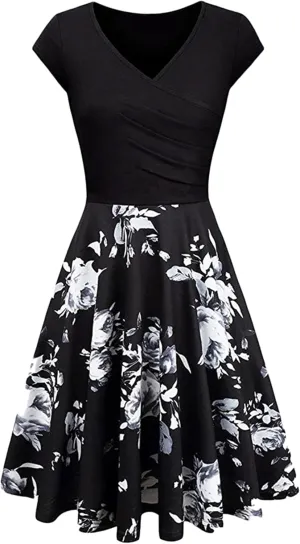 OMZIN Lady Classy Cap Sleeve Dresses Vintage Floral Print Dress Floral