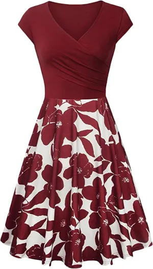 OMZIN Lady Classy Cap Sleeve Dresses Vintage Floral Print Dress Floral