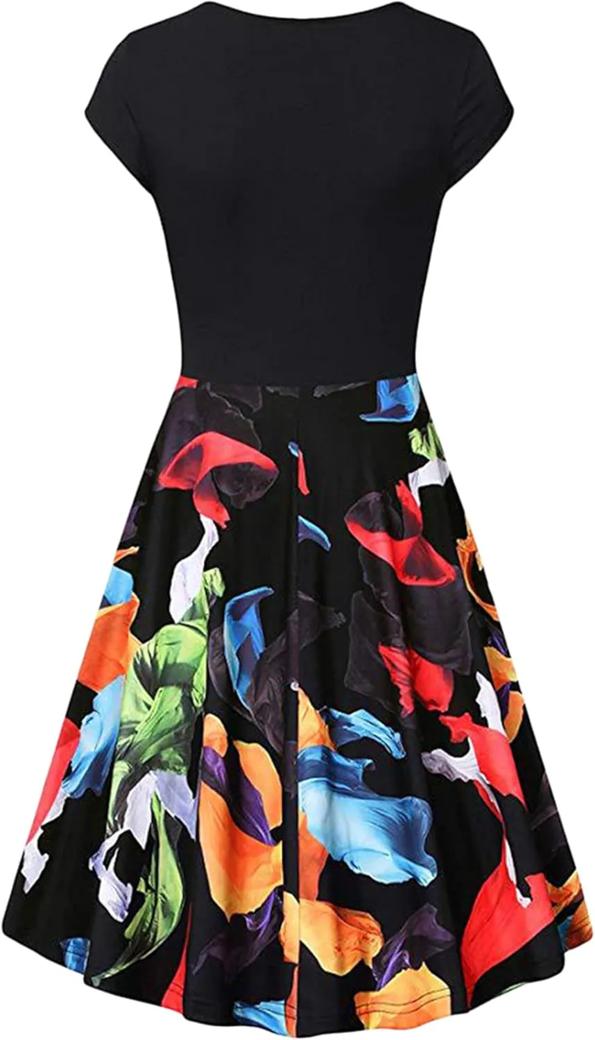 OMZIN Lady Classy Cap Sleeve Dresses Vintage Floral Print Dress Floral