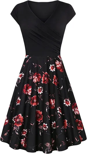 OMZIN Lady Classy Cap Sleeve Dresses Vintage Floral Print Dress Floral
