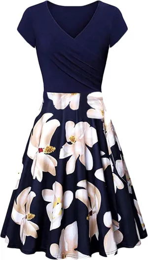 OMZIN Lady Classy Cap Sleeve Dresses Vintage Floral Print Dress Floral