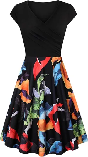 OMZIN Lady Classy Cap Sleeve Dresses Vintage Floral Print Dress Floral