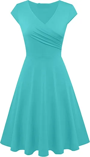 OMZIN Women's Elegant V-Neck Dress Short Sleeve Solid Color Runway Evening Dress