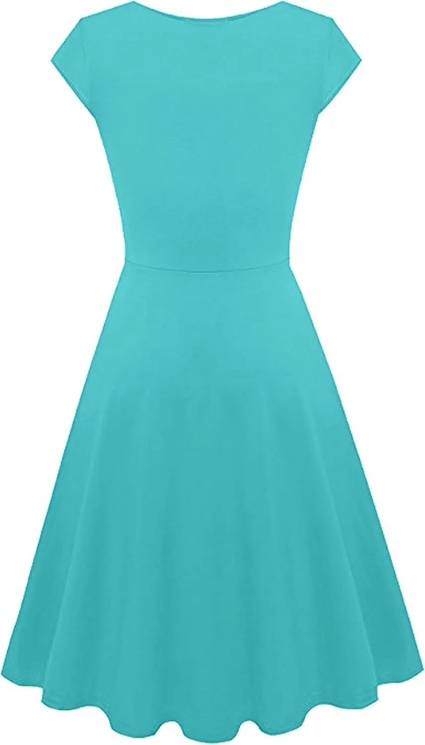 OMZIN Women's Elegant V-Neck Dress Short Sleeve Solid Color Runway Evening Dress