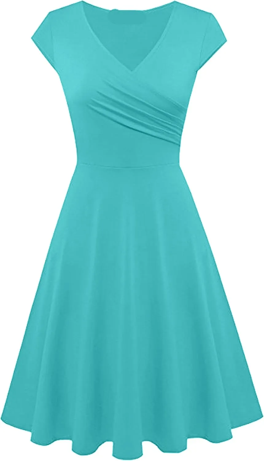 OMZIN Women's Elegant V-Neck Dress Short Sleeve Solid Color Runway Evening Dress