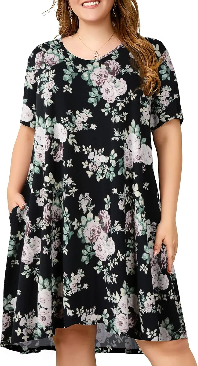 OVERWORETY Womens Short Sleeve Plus Size T-Shirt Dress V Neck Casual Loose Swing A-Line Summer Tunic Dresses with Pockets