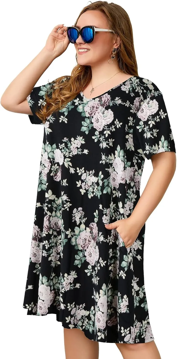 OVERWORETY Womens Short Sleeve Plus Size T-Shirt Dress V Neck Casual Loose Swing A-Line Summer Tunic Dresses with Pockets