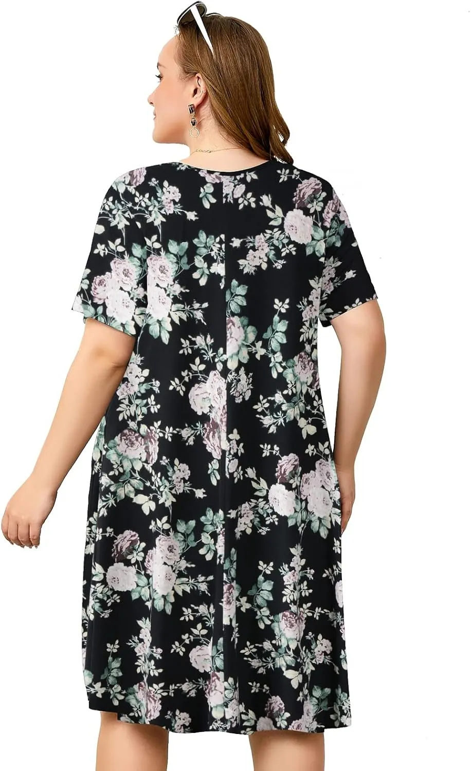 OVERWORETY Womens Short Sleeve Plus Size T-Shirt Dress V Neck Casual Loose Swing A-Line Summer Tunic Dresses with Pockets