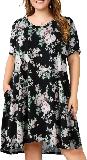 OVERWORETY Womens Short Sleeve Plus Size T-Shirt Dress V Neck Casual Loose Swing A-Line Summer Tunic Dresses with Pockets