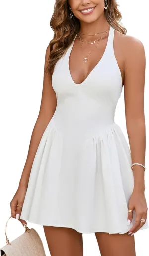 Parthea Women's Sexy Halter V Neck Flowy Bow Tie Backless Mini Club Party Dresses