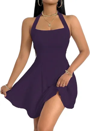 PerZeal Women's 2025 Summer Dress Sleeveless Halter Neck Sundress Backless Flared Short Mini Beach Dress