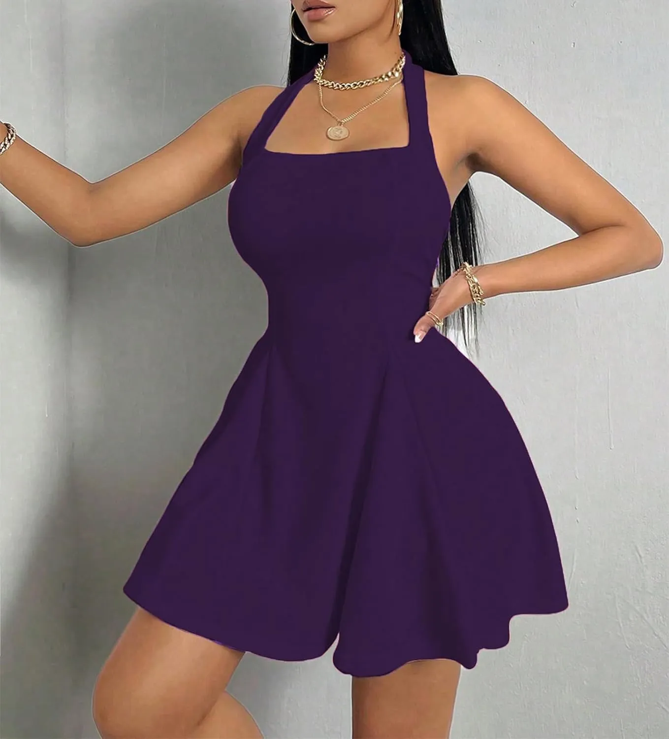 PerZeal Women's 2025 Summer Dress Sleeveless Halter Neck Sundress Backless Flared Short Mini Beach Dress
