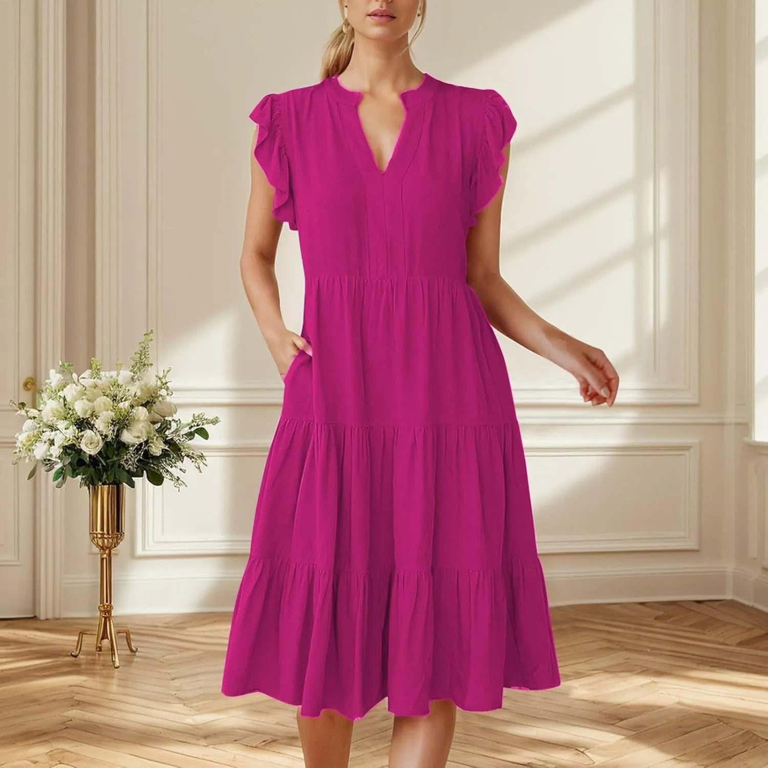 Photno V Neck Dresses for Women 2025 Summer Casual Dress Ruffle Sleeve Flowy Tiered Midi Dress with Pockets Boho Sundresses