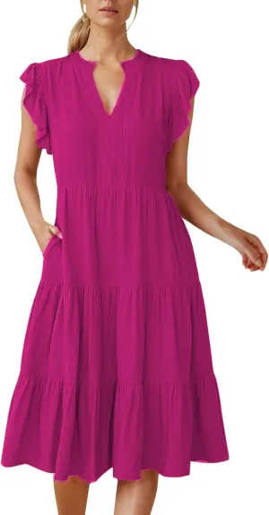 Photno V Neck Dresses for Women 2025 Summer Casual Dress Ruffle Sleeve Flowy Tiered Midi Dress with Pockets Boho Sundresses