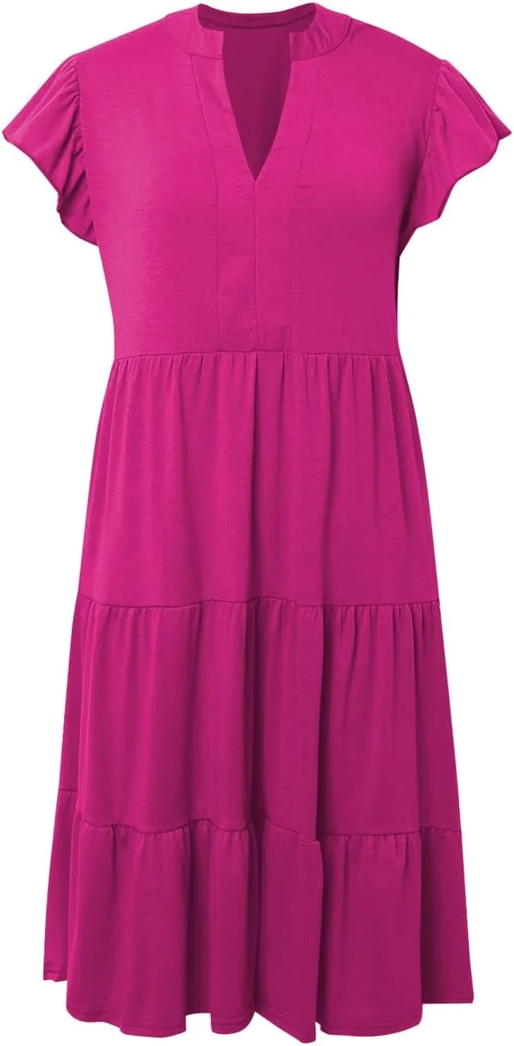Photno V Neck Dresses for Women 2025 Summer Casual Dress Ruffle Sleeve Flowy Tiered Midi Dress with Pockets Boho Sundresses