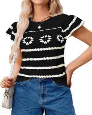 Pink Queen Womens Short Sleeve Sweater Crew Neck Striped Crochet Knit Pullover Top Ruffle Sleeve Summer Shirts
