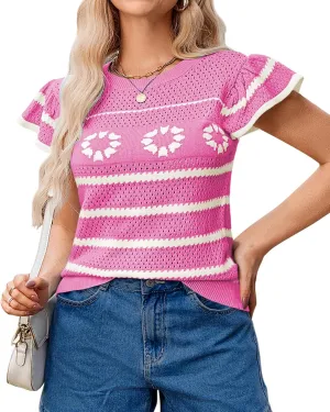 Pink Queen Womens Short Sleeve Sweater Crew Neck Striped Crochet Knit Pullover Top Ruffle Sleeve Summer Shirts