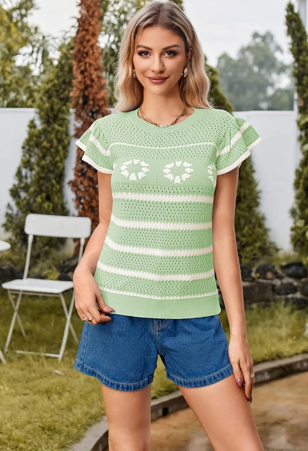 Pink Queen Womens Short Sleeve Sweater Crew Neck Striped Crochet Knit Pullover Top Ruffle Sleeve Summer Shirts