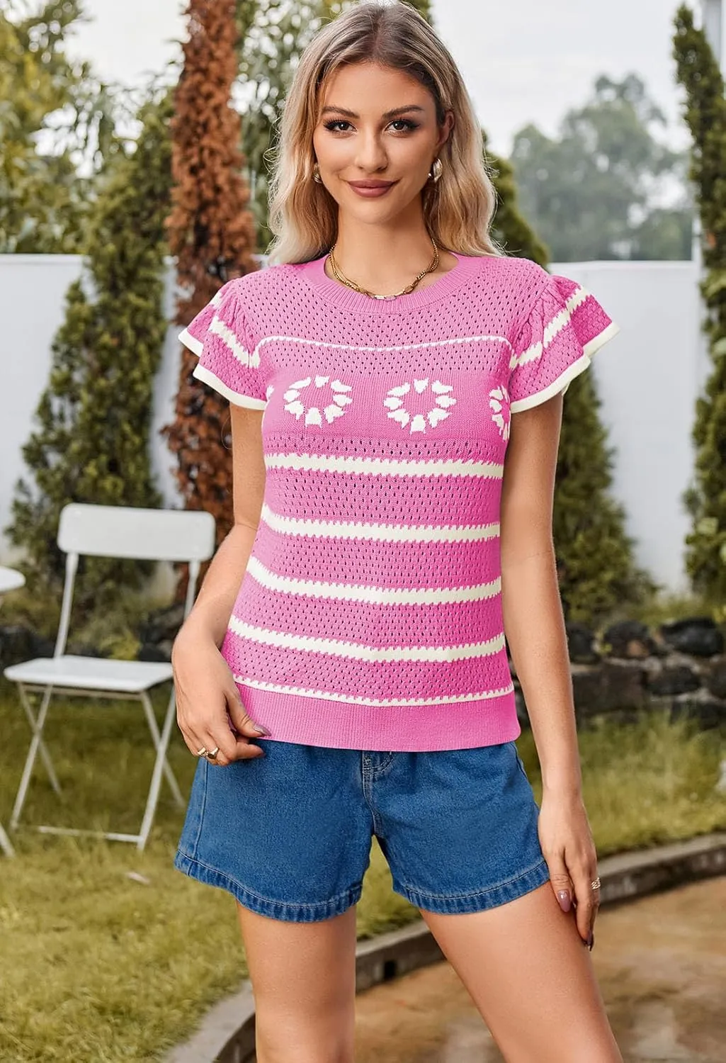 Pink Queen Womens Short Sleeve Sweater Crew Neck Striped Crochet Knit Pullover Top Ruffle Sleeve Summer Shirts