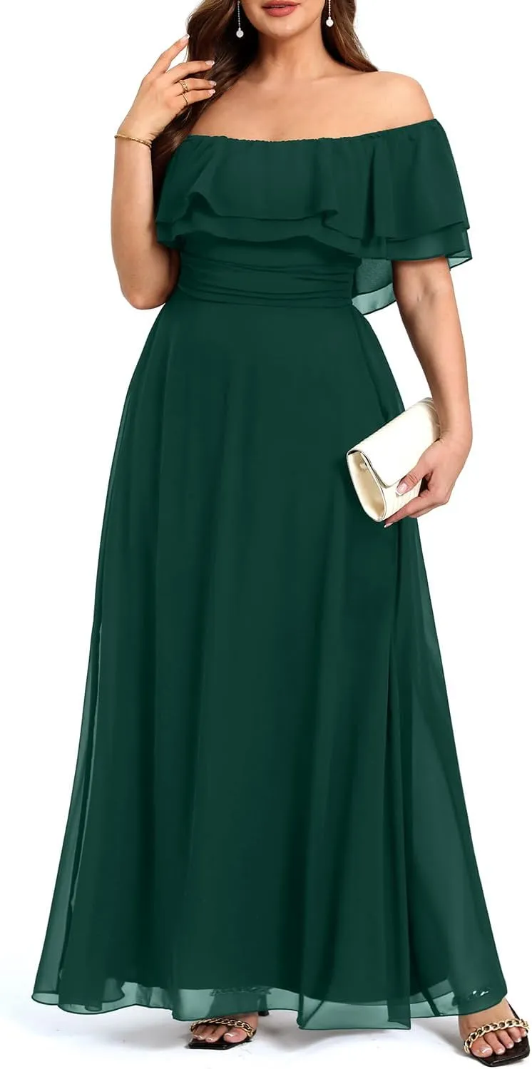 Pinup Fashion Women's Bridesmaid Dresses for Wedding Plus Size Formal Off The Shoulder Chiffon Maxi Dresses