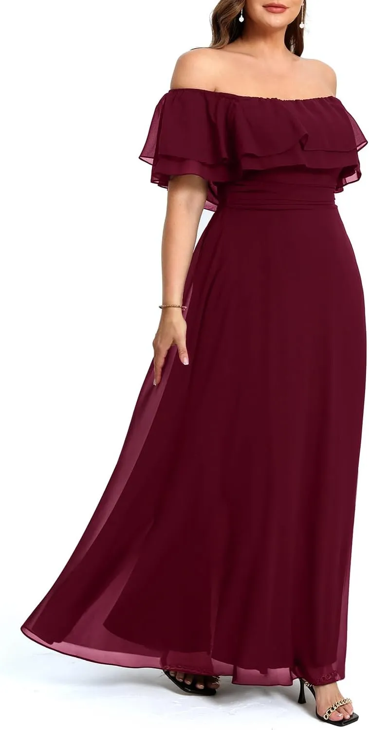 Pinup Fashion Women's Bridesmaid Dresses for Wedding Plus Size Formal Off The Shoulder Chiffon Maxi Dresses