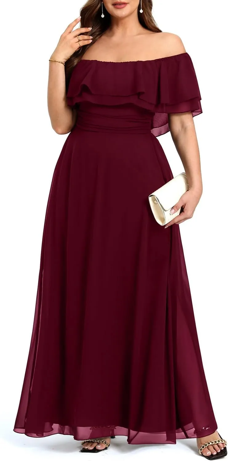 Pinup Fashion Women's Bridesmaid Dresses for Wedding Plus Size Formal Off The Shoulder Chiffon Maxi Dresses