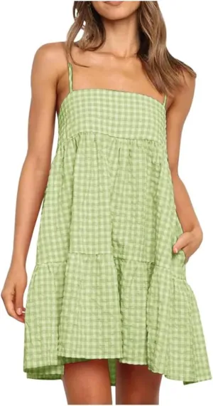 Plaid Dress for Women 2025 Fashion Spaghetti Strap Sleeveless Ruffle Hem Mini Dresses Summer Boho Flowy Beach Dress