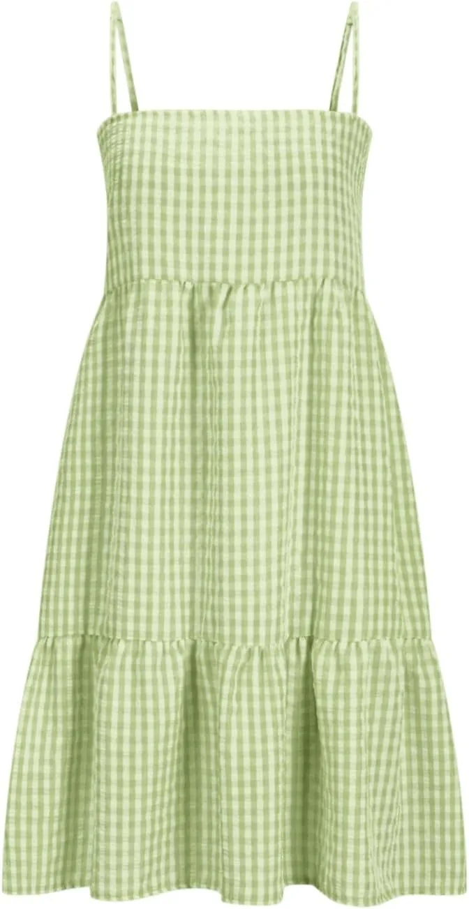 Plaid Dress for Women 2025 Fashion Spaghetti Strap Sleeveless Ruffle Hem Mini Dresses Summer Boho Flowy Beach Dress