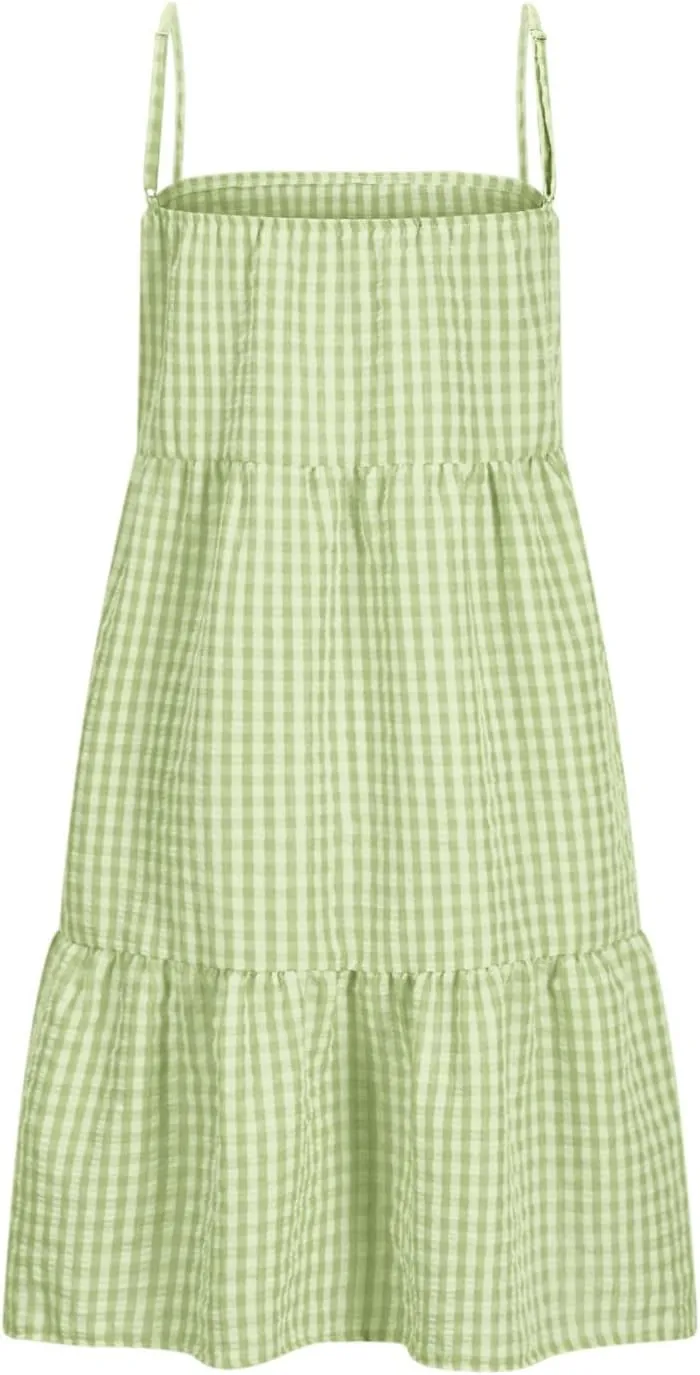 Plaid Dress for Women 2025 Fashion Spaghetti Strap Sleeveless Ruffle Hem Mini Dresses Summer Boho Flowy Beach Dress