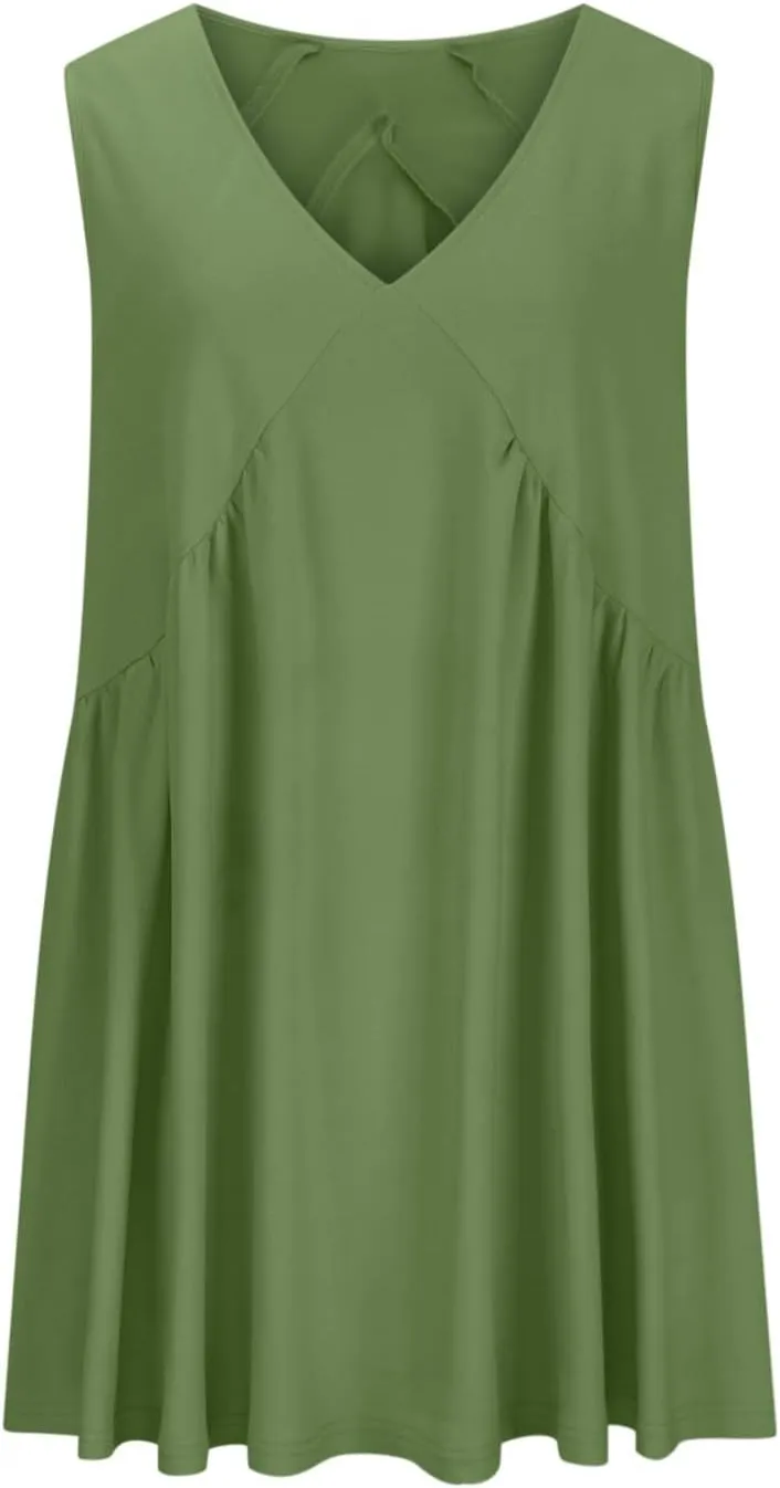 Plus Size Mini Dress for Women Sleeveless Sundress Casual Summer V Neck Dresses Loose Fit Trendy Tops