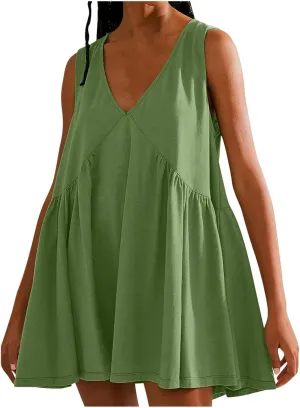 Plus Size Mini Dress for Women Sleeveless Sundress Casual Summer V Neck Dresses Loose Fit Trendy Tops
