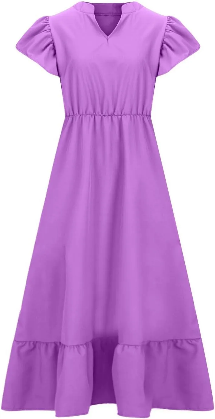 Plus Size Ruffle Dresses for Curvy Women Summer Beach Vacation Casual Short Sleeve V Neck Flowy Midi Dress with Pockets