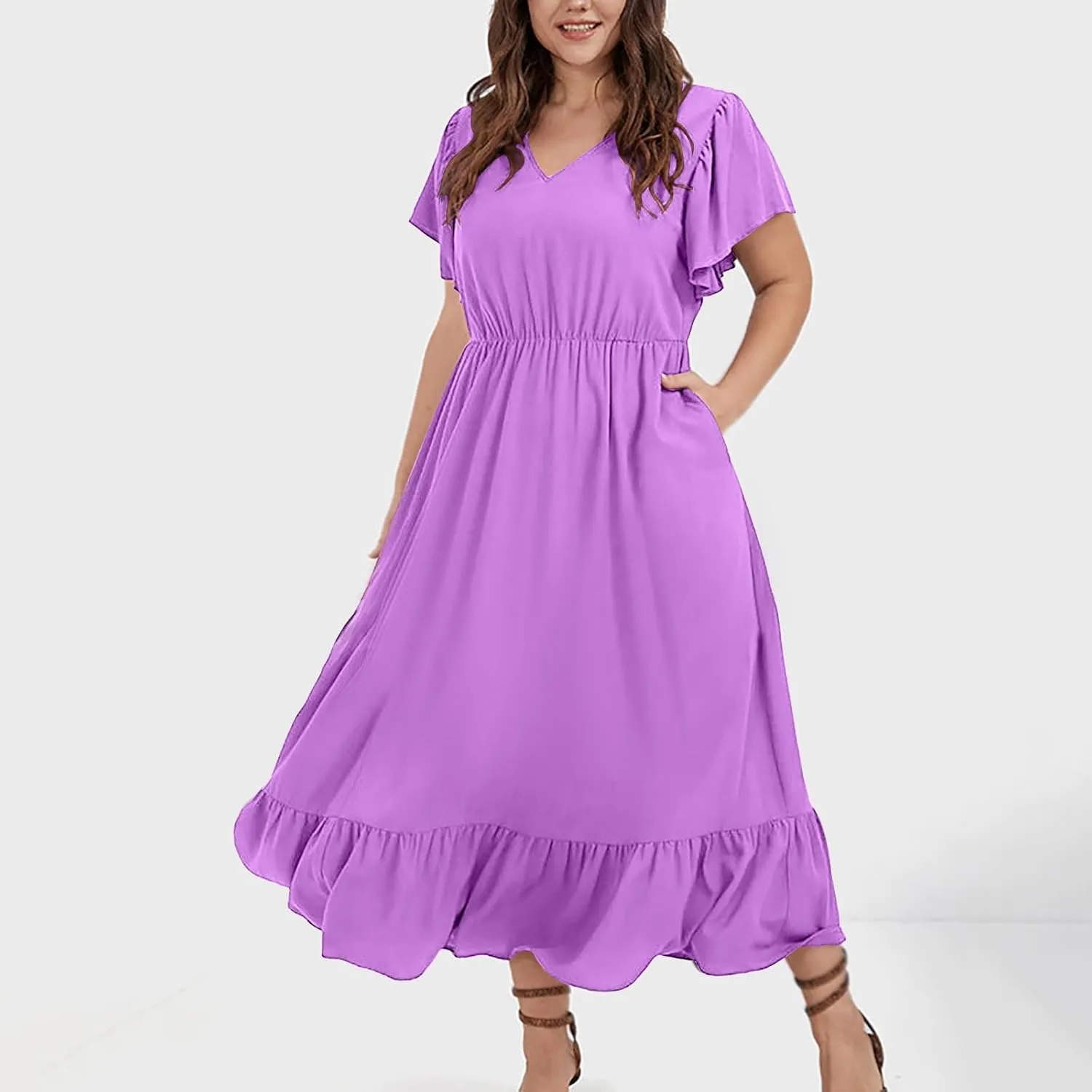 Plus Size Ruffle Dresses for Curvy Women Summer Beach Vacation Casual Short Sleeve V Neck Flowy Midi Dress with Pockets