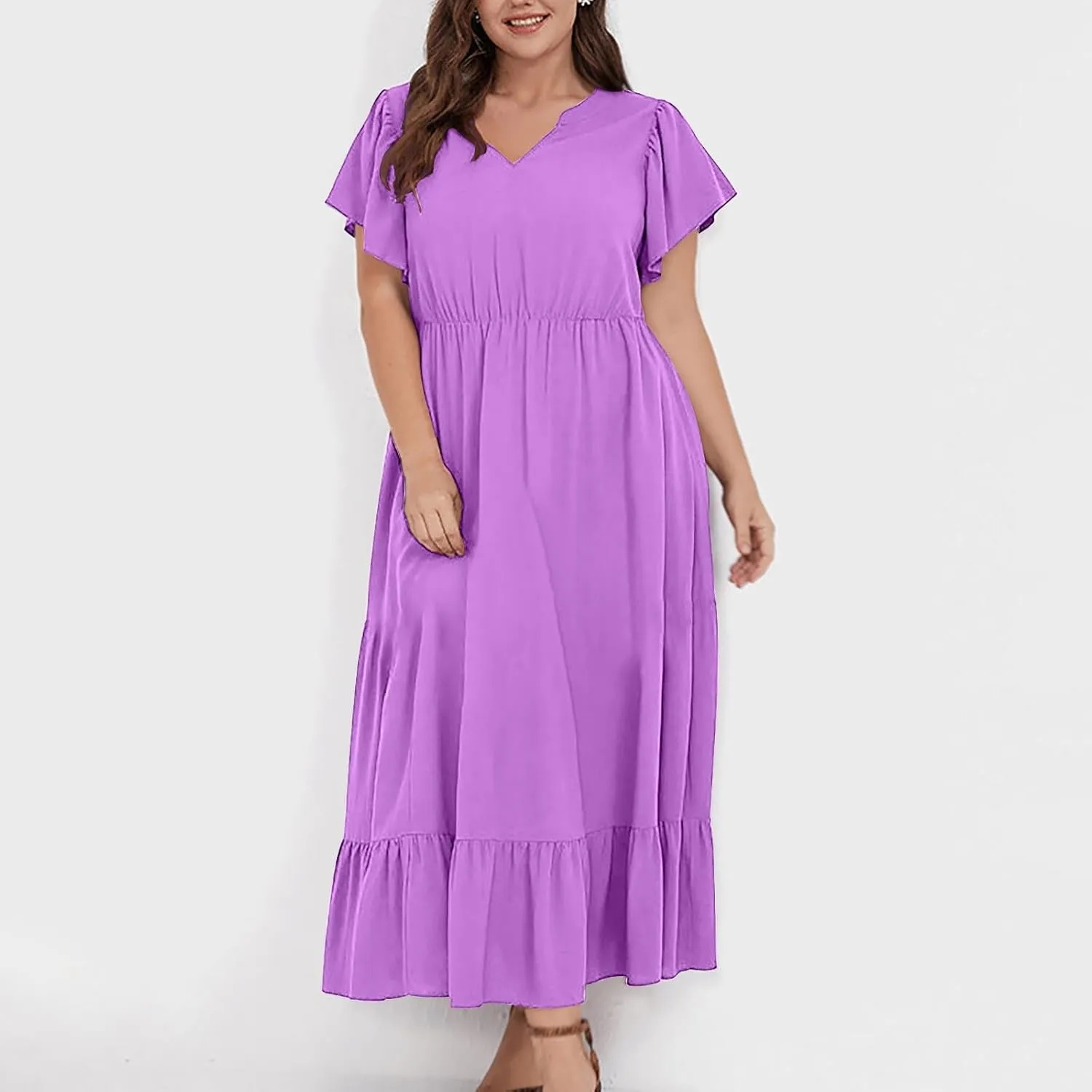 Plus Size Ruffle Dresses for Curvy Women Summer Beach Vacation Casual Short Sleeve V Neck Flowy Midi Dress with Pockets