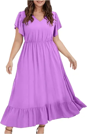 Plus Size Ruffle Dresses for Curvy Women Summer Beach Vacation Casual Short Sleeve V Neck Flowy Midi Dress with Pockets