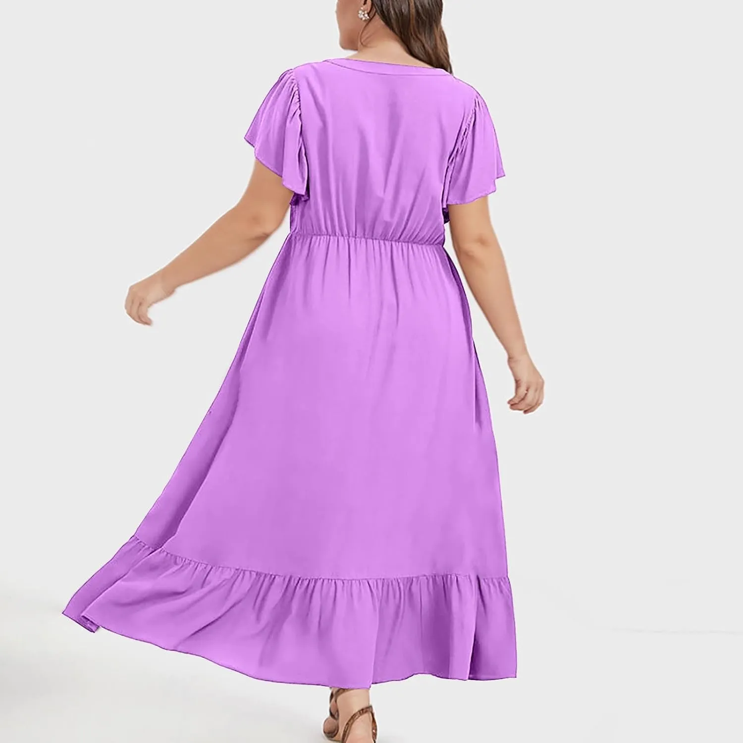 Plus Size Ruffle Dresses for Curvy Women Summer Beach Vacation Casual Short Sleeve V Neck Flowy Midi Dress with Pockets