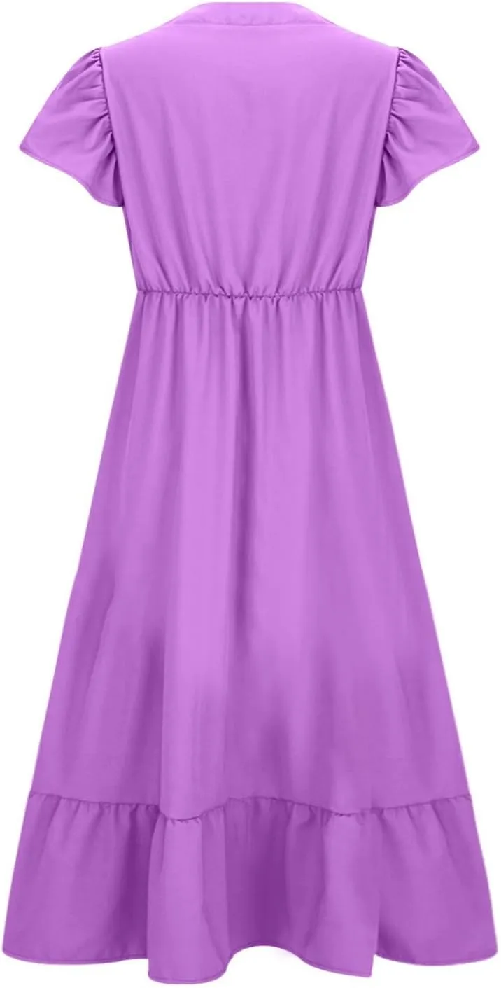 Plus Size Ruffle Dresses for Curvy Women Summer Beach Vacation Casual Short Sleeve V Neck Flowy Midi Dress with Pockets