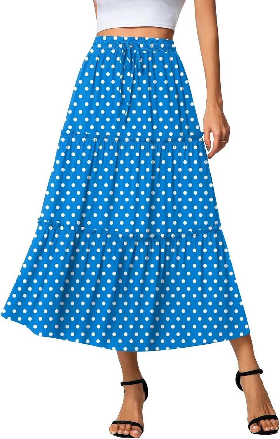 POPYOUNG Women's Boho Elastic High Waist A Line Maxi Skirt with Pockets Casual Ruffle Midi Dresses
