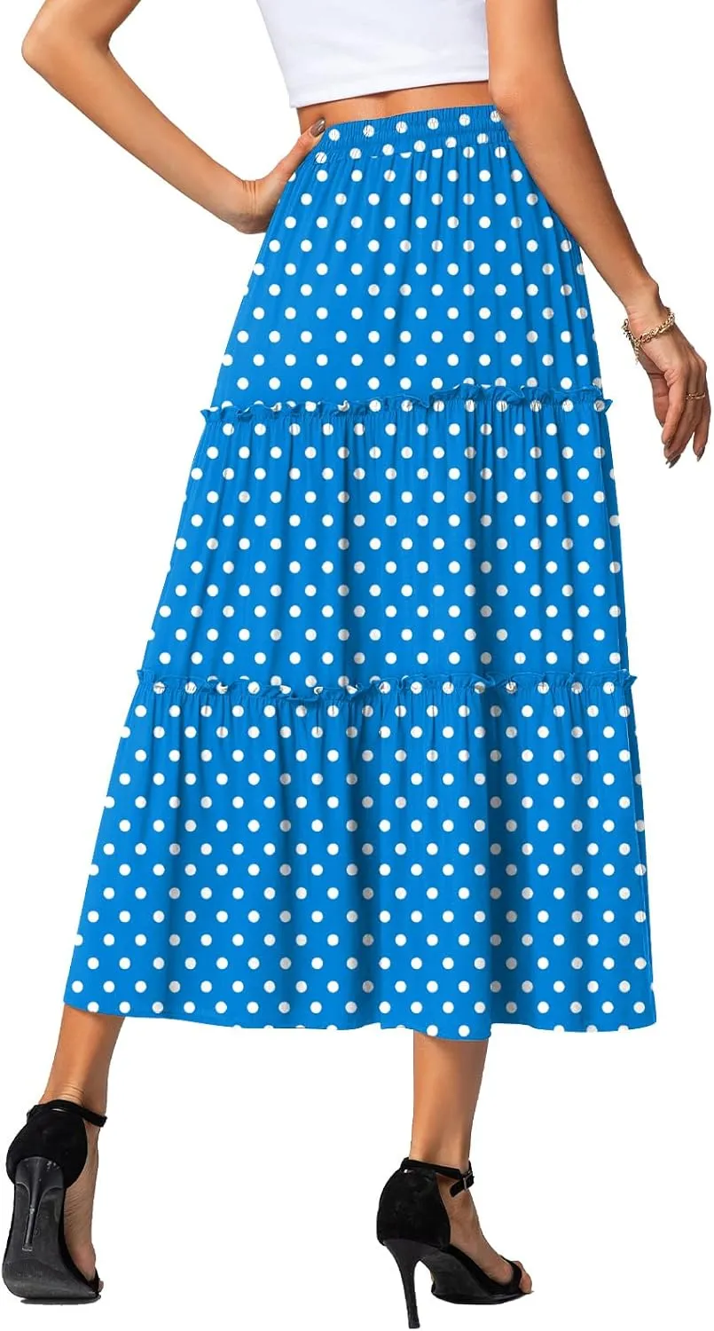 POPYOUNG Women's Boho Elastic High Waist A Line Maxi Skirt with Pockets Casual Ruffle Midi Dresses