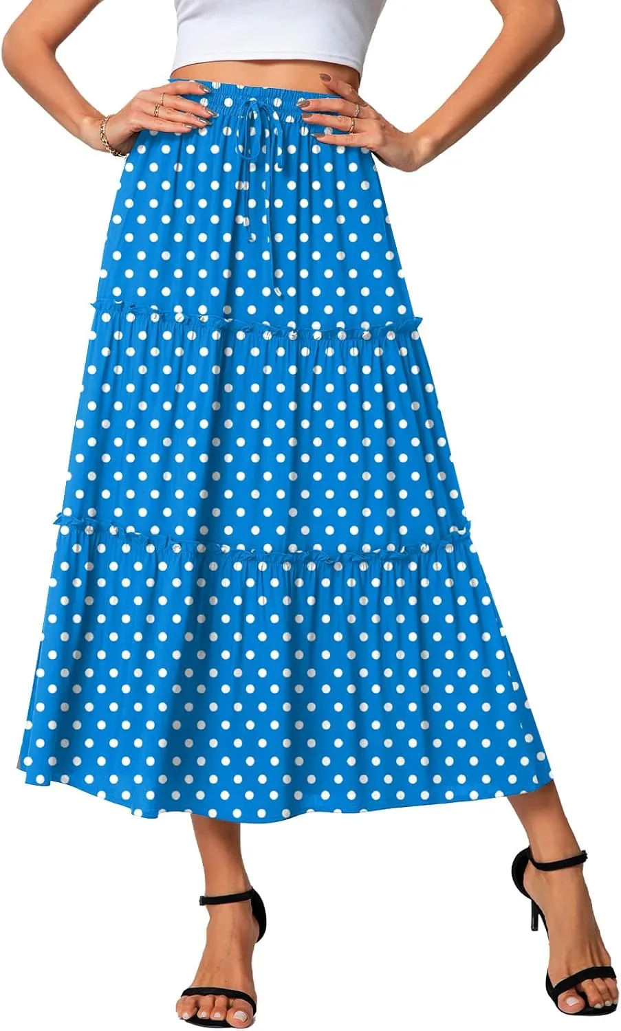 POPYOUNG Women's Boho Elastic High Waist A Line Maxi Skirt with Pockets Casual Ruffle Midi Dresses