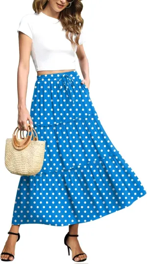 POPYOUNG Women's Boho Elastic High Waist A Line Maxi Skirt with Pockets Casual Ruffle Midi Dresses
