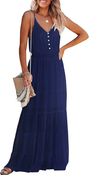 PRETTYGARDEN Sundress for Women 2025 Summer Spaghetti Strap Sleeveless High Waist Beach Long Maxi Dresses