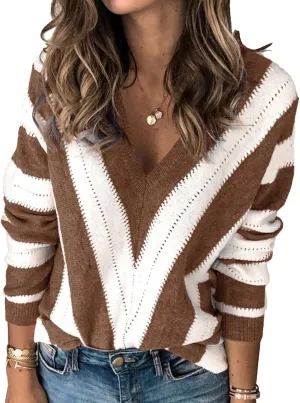 PRETTYGARDEN Women's Fashion Long Sleeve Striped Color Block Knitted Sweater Crew Neck Loose Pullover Jumper Tops