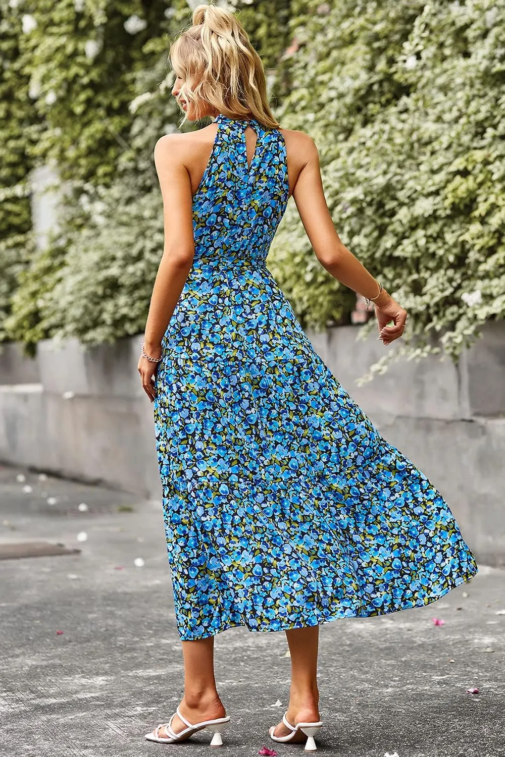 PRETTYGARDEN Women's Summer Floral Maxi Sun Dress Sleeveless Halter Neck Flowy Ruffle Hem Long Boho Dresses with Belt