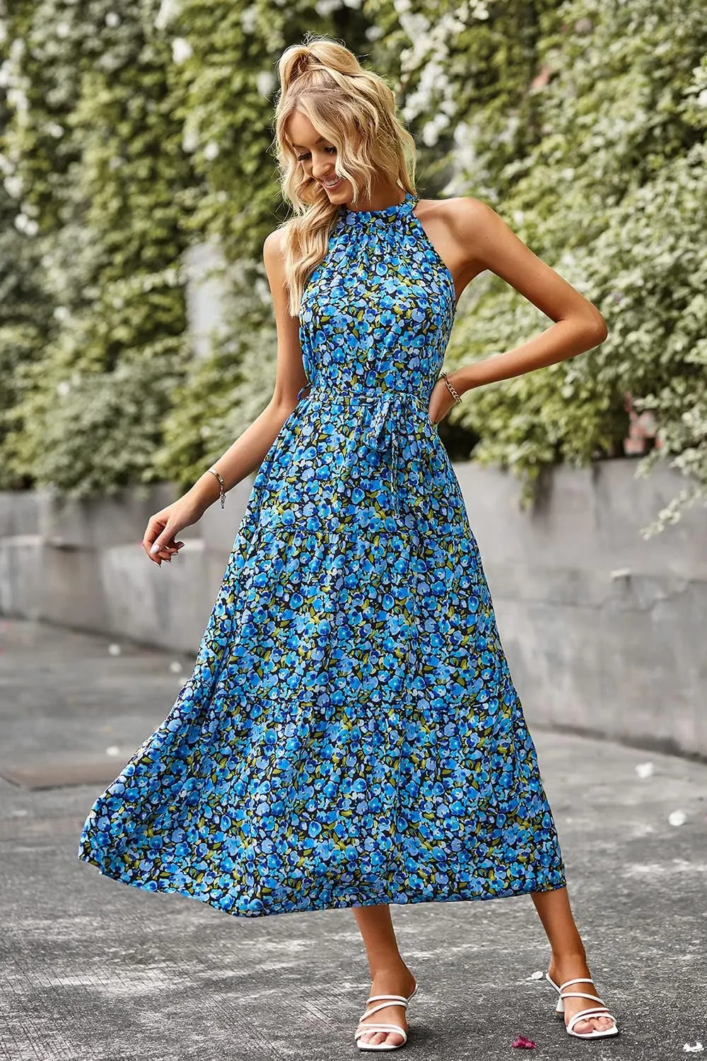 PRETTYGARDEN Women's Summer Floral Maxi Sun Dress Sleeveless Halter Neck Flowy Ruffle Hem Long Boho Dresses with Belt