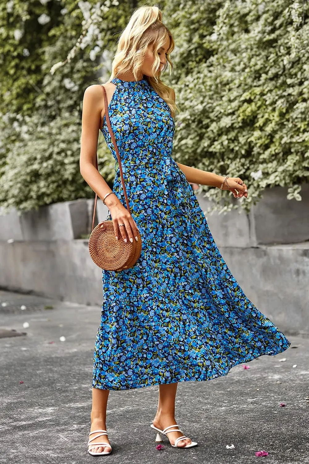 PRETTYGARDEN Women's Summer Floral Maxi Sun Dress Sleeveless Halter Neck Flowy Ruffle Hem Long Boho Dresses with Belt