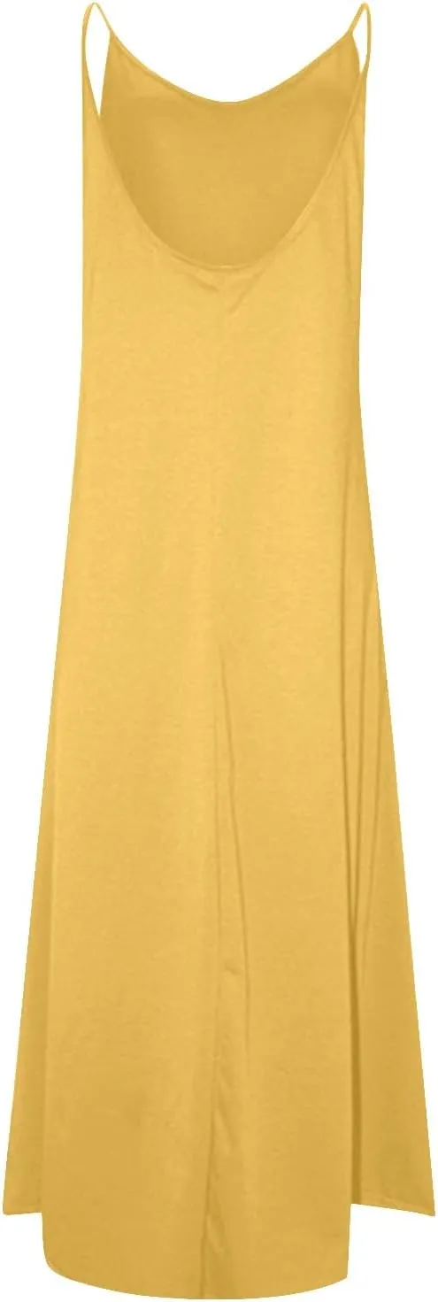 PTOLOCIF Dresses for Women 2025 Spaghetti Strap Backless Beach Tank Dress Casual Flowy Tired V Neck Maxi Dress with Pockets