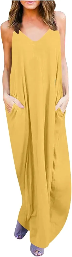 PTOLOCIF Dresses for Women 2025 Spaghetti Strap Backless Beach Tank Dress Casual Flowy Tired V Neck Maxi Dress with Pockets